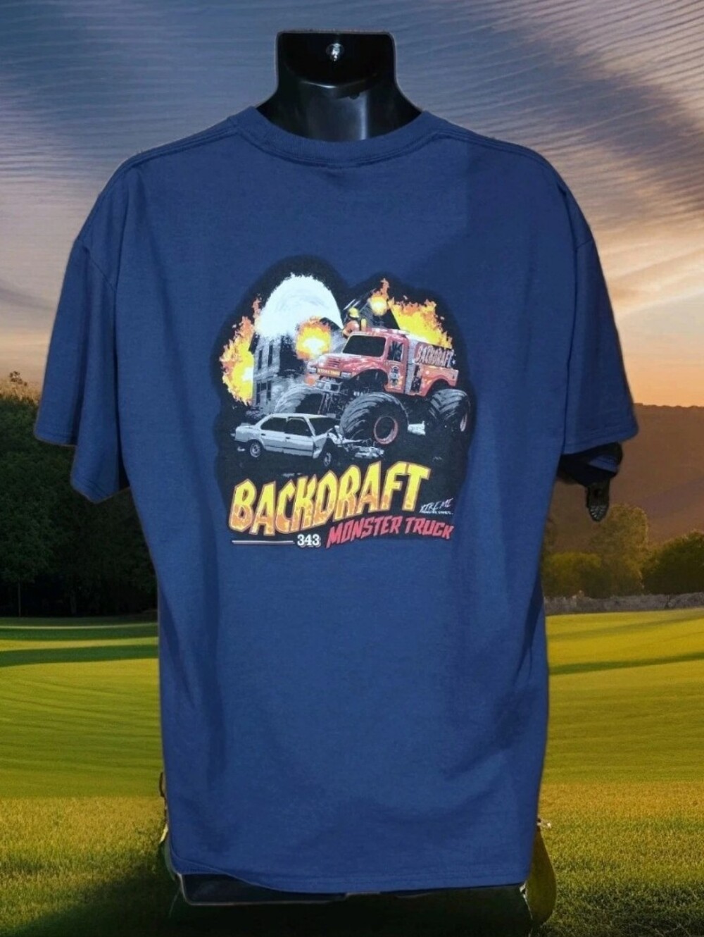 Monster Truck Mens XL Tshirt Backdraft 343 Blue Fireman Xtreme Monster Sports